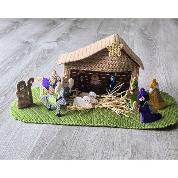 Nativity Scene Handmade Needlepoint Plastic Canvas 3D Excellent ~ Christmas - Picture 1 of 16